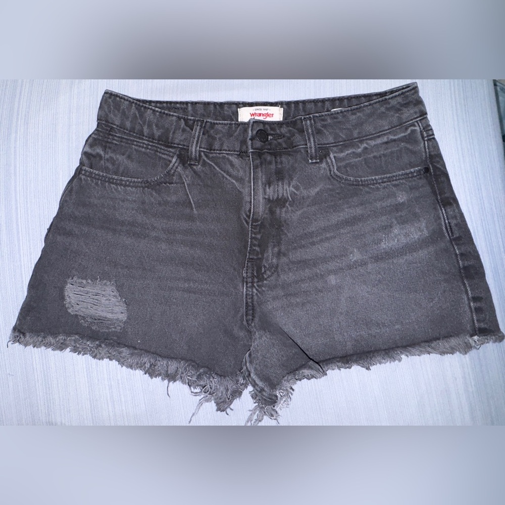 Distressed Wrangler black shorts, size 8.